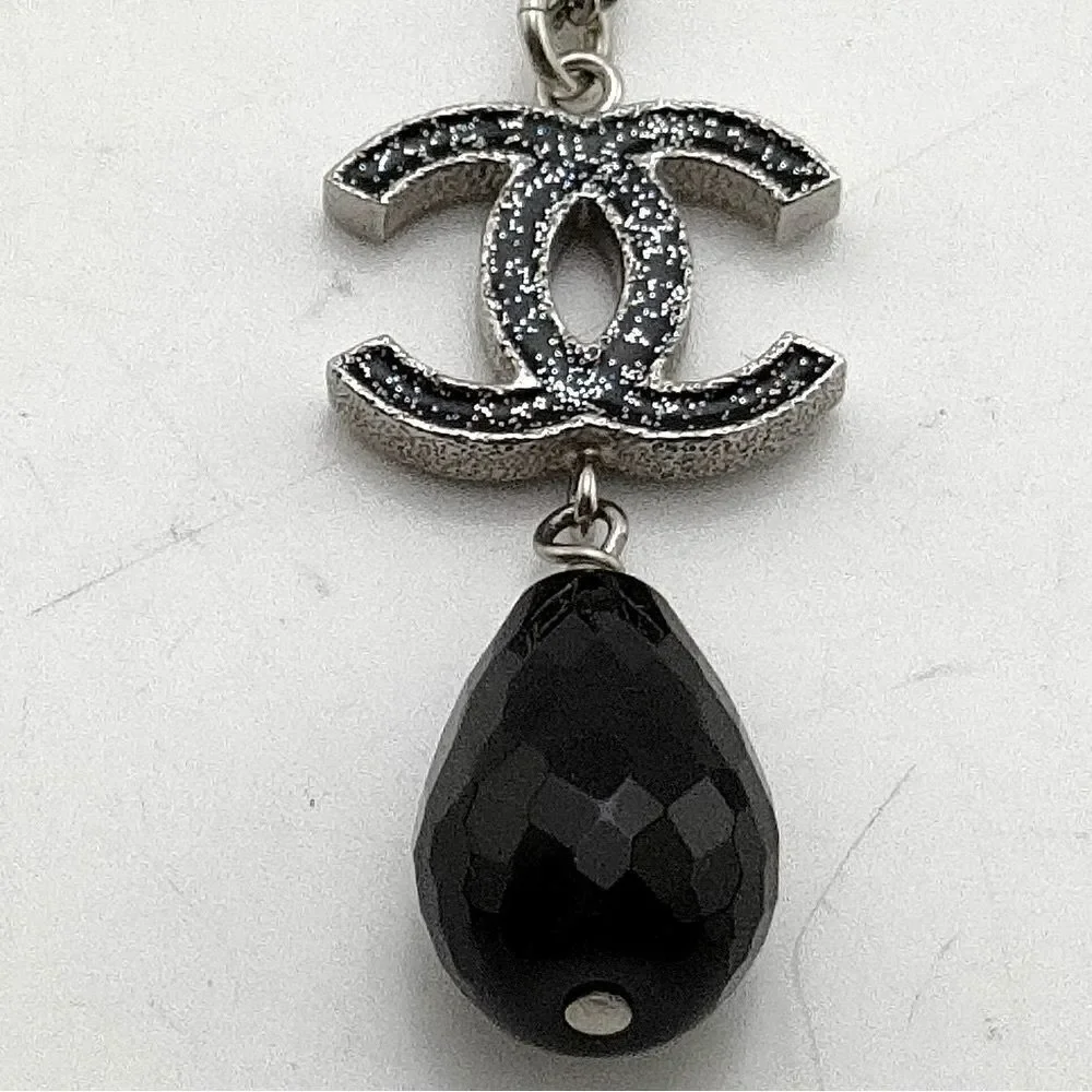 Authentic Chanel Gunmetal CC Logo Necklace Black Teardrop Pendant full inclusion